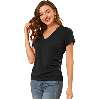 Women's Wrap V Neck Short Sleeve Button Decor Ruched Top