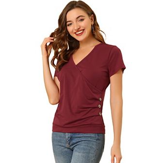 Women's Wrap V Neck Short Sleeve Button Decor Ruched Top