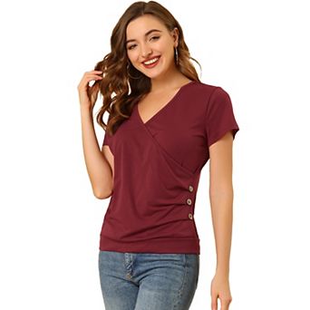Women's Wrap V Neck Short Sleeve Button Decor Ruched Top