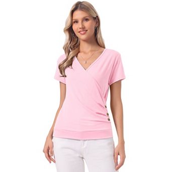 Women's Wrap V Neck Short Sleeve Button Decor Ruched Top