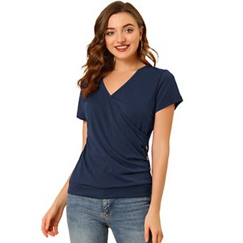 Women's Wrap V Neck Short Sleeve Button Decor Ruched Top