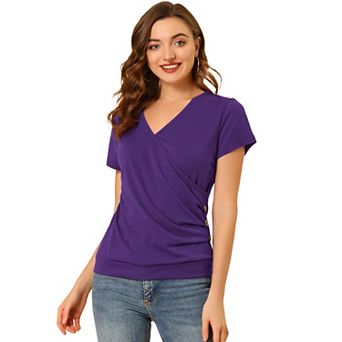 Women's Wrap V Neck Short Sleeve Button Decor Ruched Top