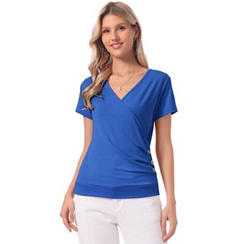 Women's Wrap V Neck Short Sleeve Button Decor Ruched Top