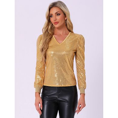 Sequin Top For Women's V Neck Party Metallic Sparkly Blouse