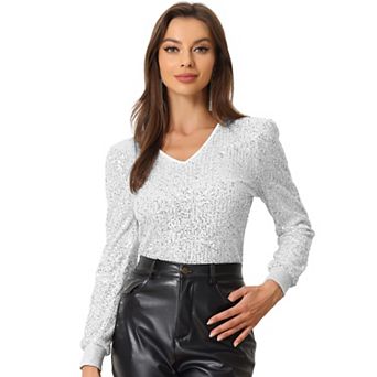 Sequin Top for Women's V Neck Party Metallic Sparkly Blouse
