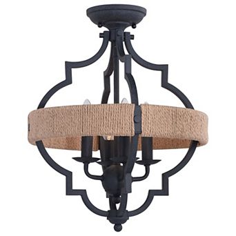 Beaumont 14 in W Gray and Natural Rope Farmhouse Cage Ceiling Light