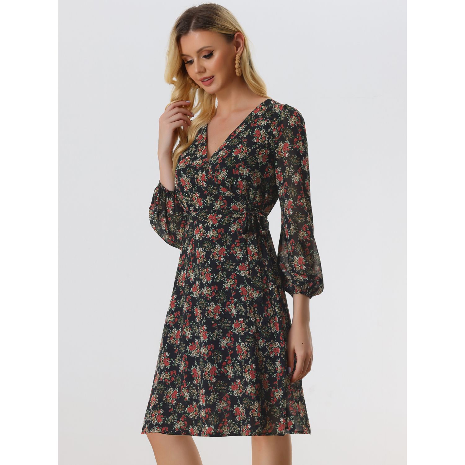 Women's Chiffon Floral V Neck Tie Waist Bishop Sleeve Casual Wrap Midi Dress