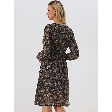 Women's Chiffon Floral V Neck Tie Waist Bishop Sleeve Casual Wrap Midi Dress