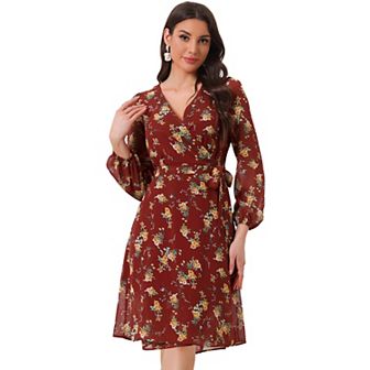 Women's Chiffon Floral V Neck Tie Waist Bishop Sleeve Casual Wrap Midi Dress