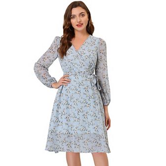 Women's Chiffon Floral V Neck Tie Waist Bishop Sleeve Casual Wrap Midi Dress
