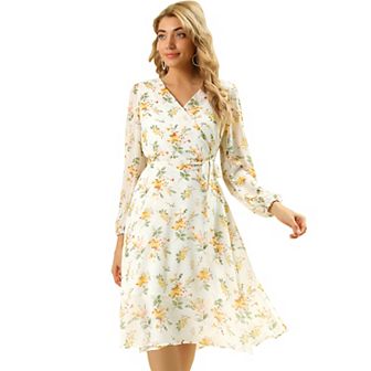 Women's Chiffon Floral V Neck Tie Waist Bishop Sleeve Casual Wrap Midi Dress