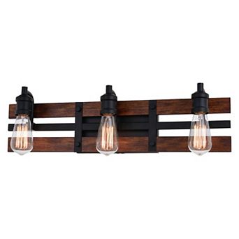Carrington 3 Light Black and Solid Wood Walnut Finish Slat Farmhouse Bathroom Vanity Fixture