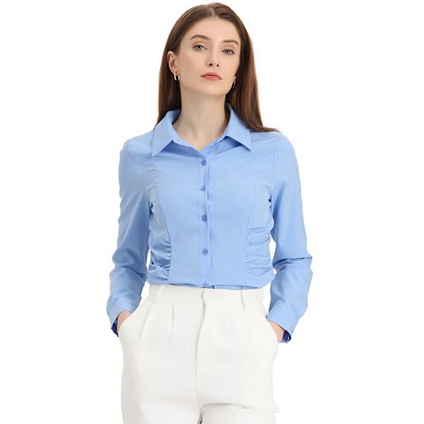 Women's Long Sleeve Office Shirt Button Down Work Ruched Waist Tops