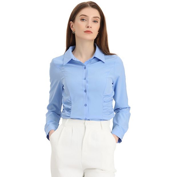 Allegra K Women s Long Sleeve Office Shirt Button Down Work Ruched Waist Tops Light Blue L