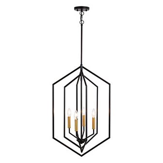 Riley 4 Light Black and Satin Brass Contemporary Geometric Cage Pendant Light