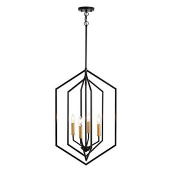 Riley 4 Light Black and Satin Brass Contemporary Geometric Cage Pendant Light