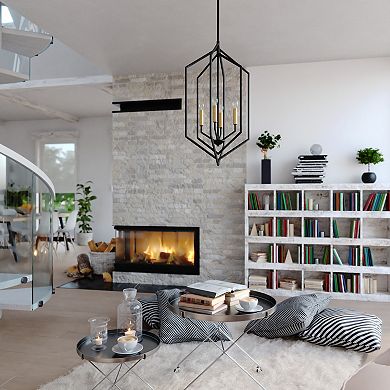 Riley 4 Light Black and Satin Brass Contemporary Geometric Cage Pendant Light