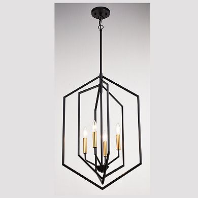 Riley 4 Light Black and Satin Brass Contemporary Geometric Cage Pendant Light