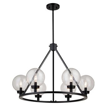 Lander 6 Light Matte Black Transitional Wheel Chandelier with Clear Glass Globes