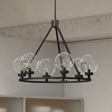 Lander 6 Light Matte Black Transitional Wheel Chandelier with Clear Glass Globes