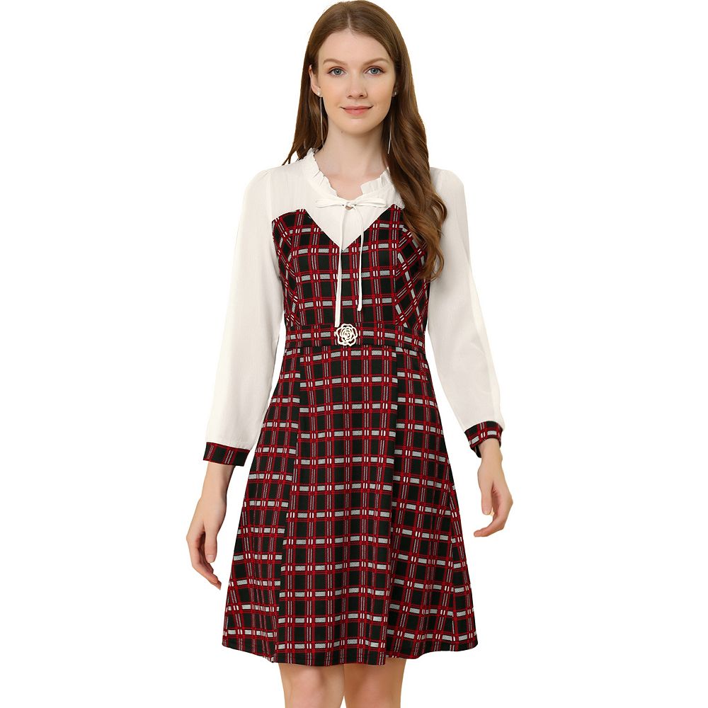 Chiffon Panel Dresses for Women's Ruffle Tie Collar Long Sleeves Plaid ...