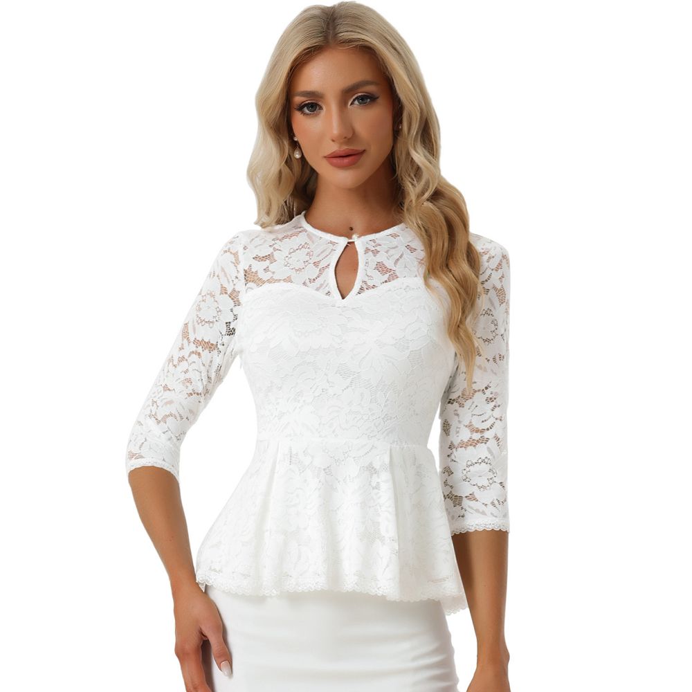 Lace Tops for Women's Elegant Sheer 3/4 Sleeve Peplum Blouse