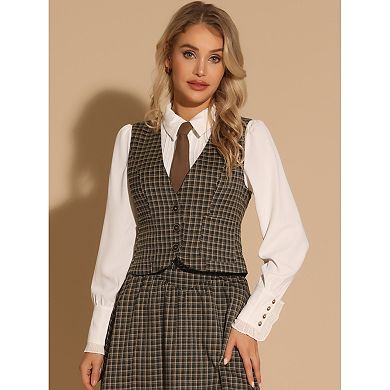 Vintage Plaid Vest For Women's V Neck Single Breasted Sleeveless Racerback Waistcoat