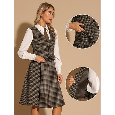 Vintage Plaid Vest For Women's V Neck Single Breasted Sleeveless Racerback Waistcoat