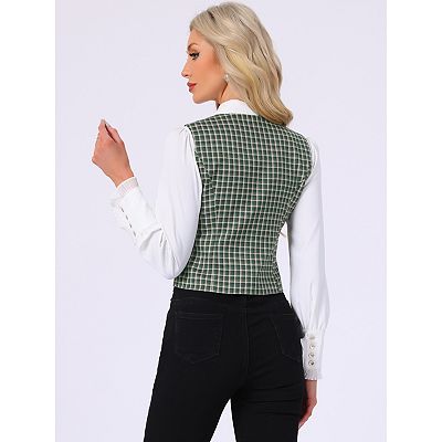 Vintage Plaid Vest for Women's V Neck Single Breasted Sleeveless