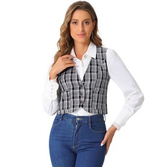 Vintage Plaid Vest For Women's V Neck Single Breasted Sleeveless Racerback Waistcoat