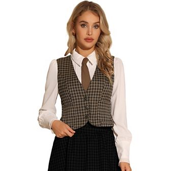 Vintage Plaid Vest For Women's V Neck Single Breasted Sleeveless Racerback Waistcoat