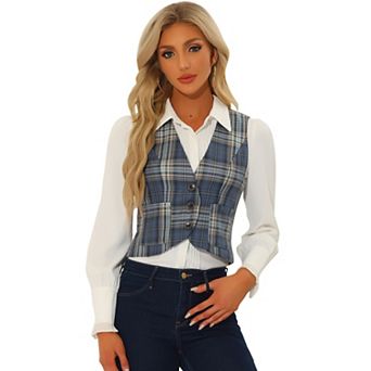 Vintage Plaid Vest For Women's V Neck Single Breasted Sleeveless Racerback Waistcoat