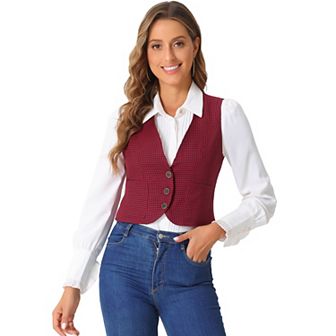 Vintage Plaid Vest for Women's V Neck Single Breasted Sleeveless Racerback Waistcoat