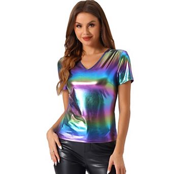 Party Tops For Women's V Neck Short Sleeve Shiny Metallic Top
