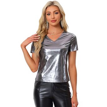 Party Tops For Women's V Neck Short Sleeve Shiny Metallic Top