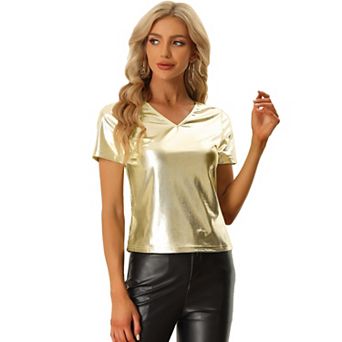 Party Tops For Women's V Neck Short Sleeve Shiny Metallic Top