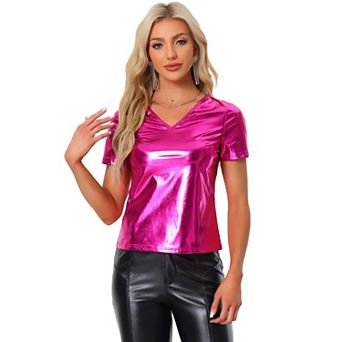 Party Tops For Women's V Neck Short Sleeve Shiny Metallic Top