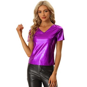 Party Tops For Women's V Neck Short Sleeve Shiny Metallic Top