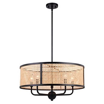 Berens 5 Light Matte Black Modern Farmhouse Drum Pendant Fixture with Rattan Cane Shade