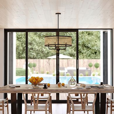 Berens 5 Light Matte Black Modern Farmhouse Drum Pendant Fixture with Rattan Cane Shade
