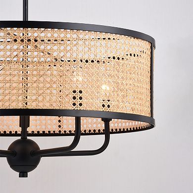 Berens 5 Light Matte Black Modern Farmhouse Drum Pendant Fixture with Rattan Cane Shade