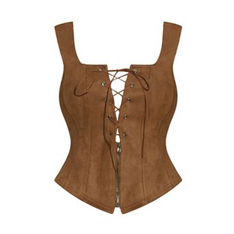 Renaissance Corset for Women's Faux Suede Vintage Sleeveless Lace Up Waistcoat Vests