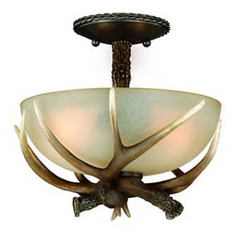 Yoho 12 in W Bronze Rustic Antler Bowl Semi Flush Mount Ceiling Light Cream Glass