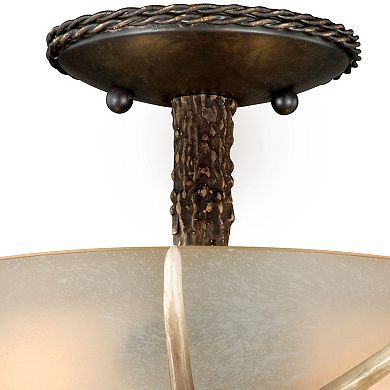 Yoho 12-in W Bronze Rustic Antler Bowl Semi Flush Mount Ceiling Light Cream Glass