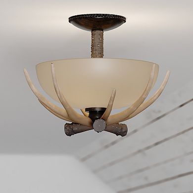 Yoho 12-in W Bronze Rustic Antler Bowl Semi Flush Mount Ceiling Light Cream Glass
