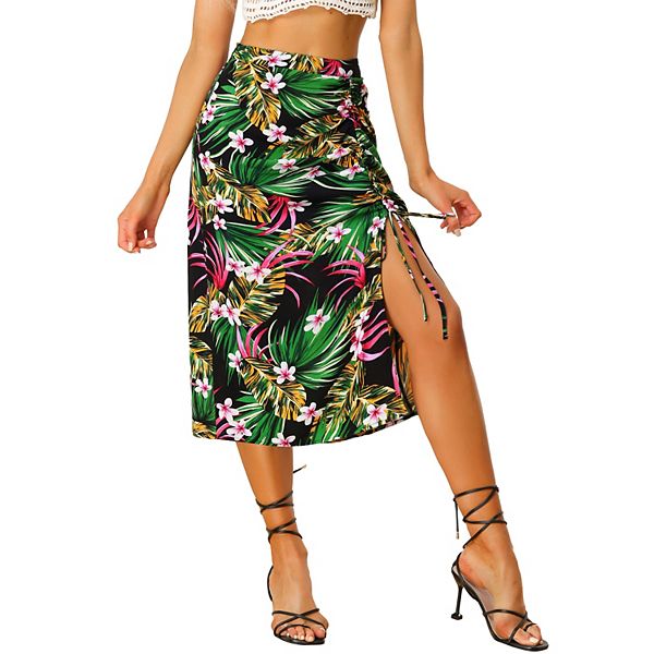 Women's Hawaiian Skirts Beach Ruched Front Tropical Skirt with Slit
