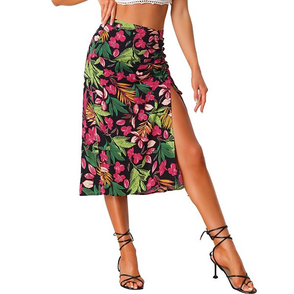 Women's Hawaiian Skirts Beach Ruched Front Tropical Skirt With Slit