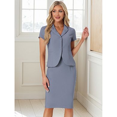 Women's Business 2 Piece Suit Set Short Sleeve Blazer Jacket Pencil Skirt