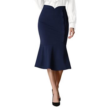 Midi Skirt For Women's High Waist Elegant Button Decor Stretch Mermaid Skirts
