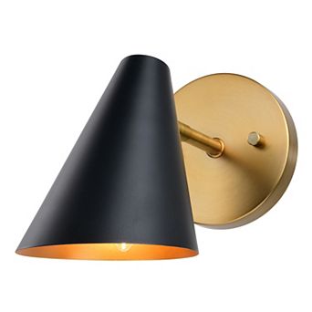 Pryce 1 Light Matte Black and Gold Satin Brass Mid-Century Modern Wall Sconce Fixture with Metal Cone Shade